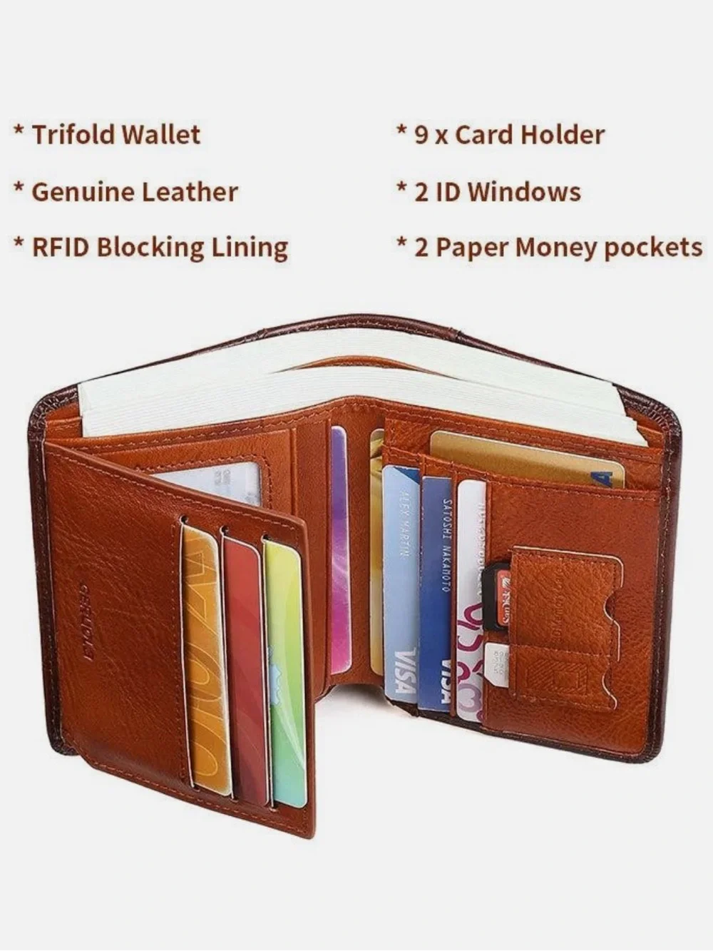 GERUOLA Slim RFID Shielded Genuine Leather Multifunction Tri-Fold Wallet, Brown